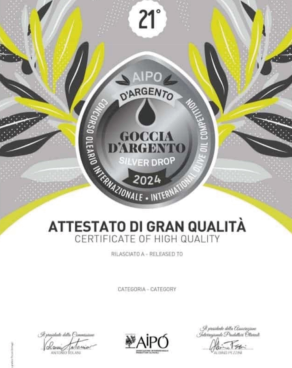 AIPO D'ARGENTO Goccia d'Argento Silver Drop 2024 Concorso oleario internazionale Attestato di gran qualità